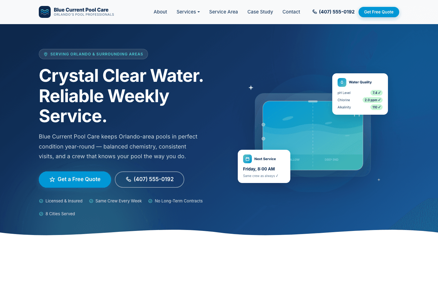 Blue Current Pool Care website — Crystal Clear Water. Reliable Weekly Service.