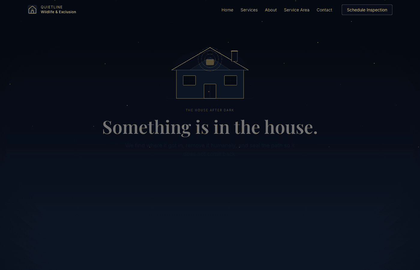 The House After Dark — Something is in the house. Cinematic wildlife removal website concept.