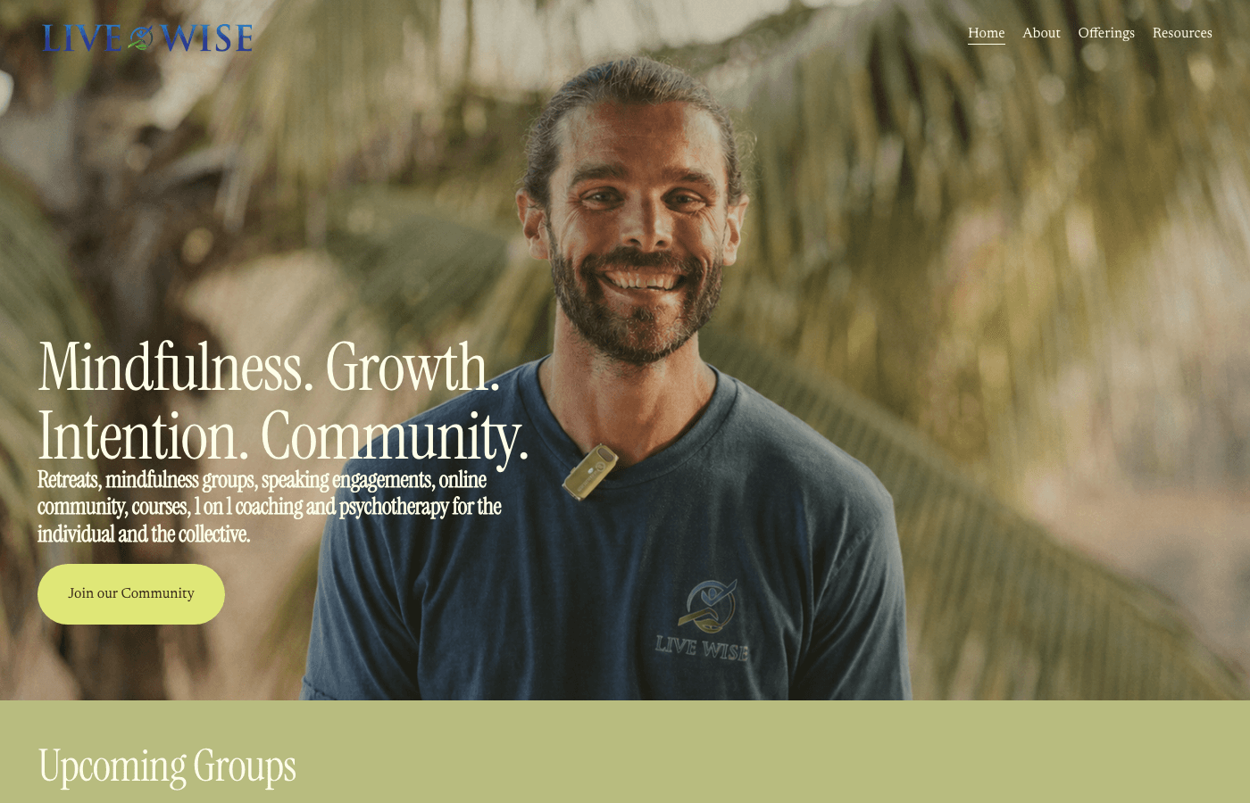 LiveWise Wellness website — Mindfulness. Growth. Intention. Community.
